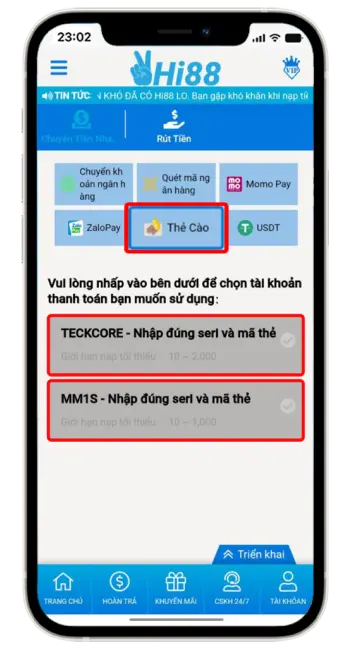 Bước 2: Chọn "Thẻ Cào" → Chọn kênh thanh toán bất kỳ.